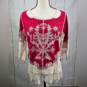NWT Ultra Pink Red Embroidered Lace Trim Top 100% Cotton Rayon